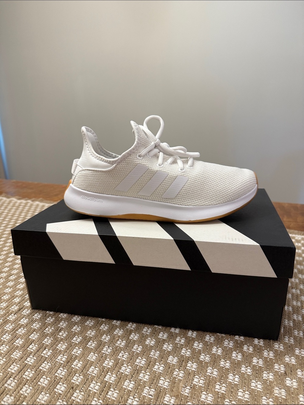 adidas Menโs White Knit Running Sneaker with Gum Outsole